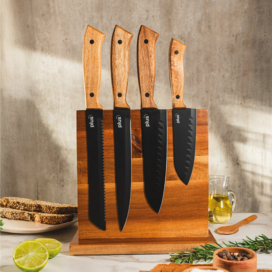Set Block Imantado de Madera + 4 Cuchillos Profesionales con Mango de Acacia