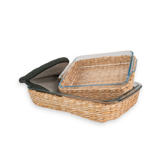 Kit x3 Utensilios de Cocina | Manopla de Silicona + Fuente Rectangular 2,2 L + Fuente Cuadrada 1,5 L con Canastas de Yute