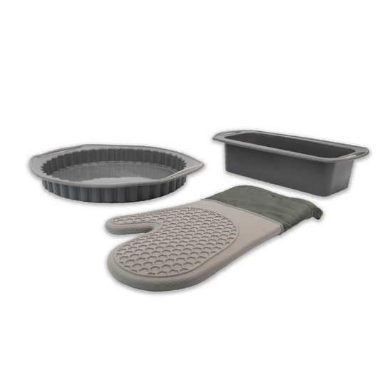 Set x3 Utensilios de Repostería | Budinera + Tartera 30 cm + Guante de Silicona y Algodón