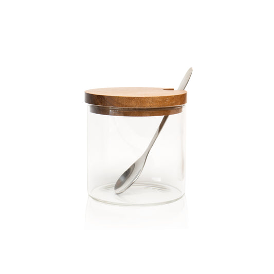 Frasco de vidrio tapa acacia c/ cuchara de acero