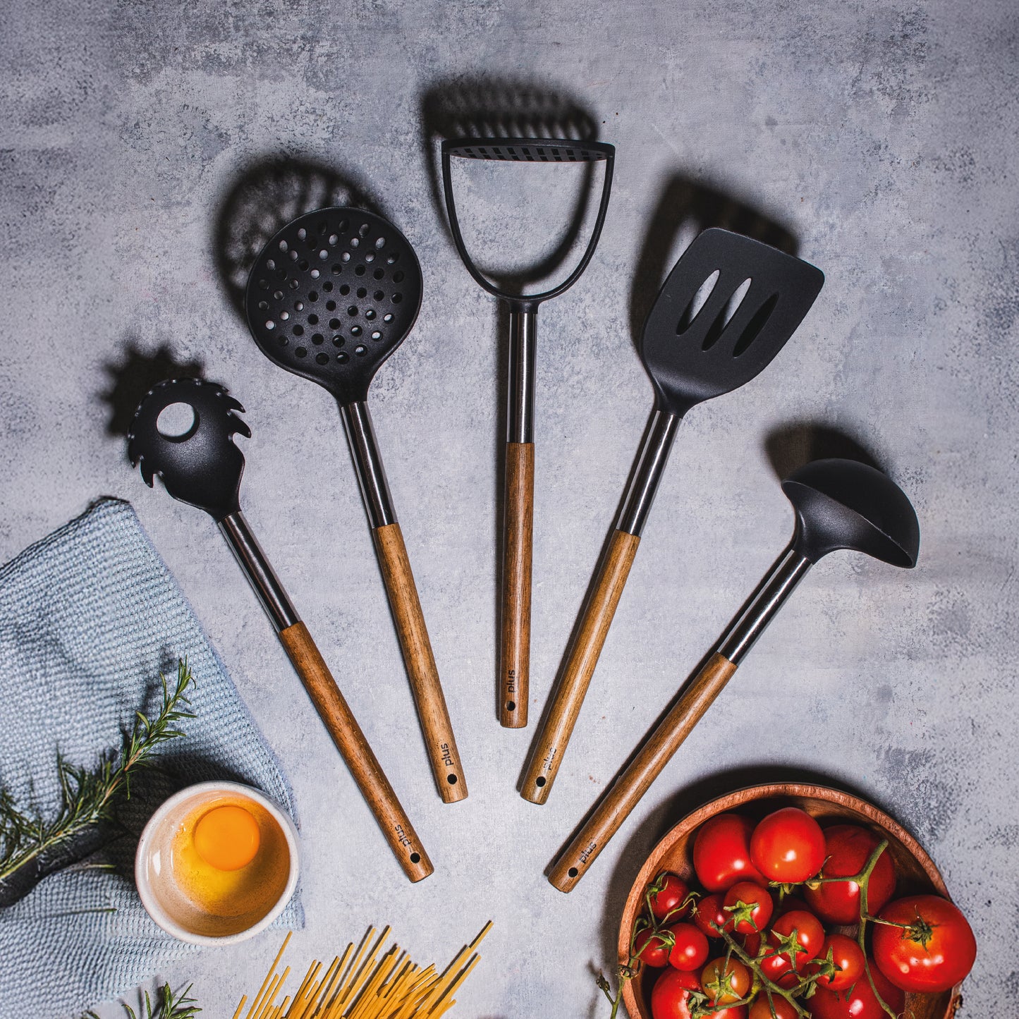 Combo X5 Utensilios De Cocina Con Mango Acacia