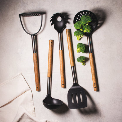 Combo X5 Utensilios De Cocina Con Mango Acacia