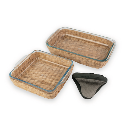 Kit x3 Utensilios de Cocina | Manopla de Silicona + Fuente Rectangular 2,2 L + Fuente Cuadrada 1,5 L con Canastas de Yute