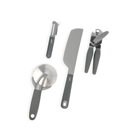 Set x4 Utensilios de Cocina de Silicona | Espátula Pastelera + Pelapapas con Sacabocado + Corta Pizzas + Abrelatas