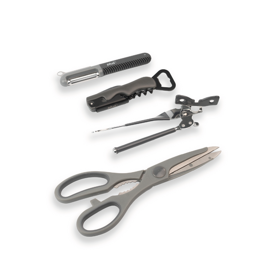 Set x4 Utensilios de Cocina de Silicona | Pelapapas + Destapador + Tijera Multiuso + Abrelatas Cromado