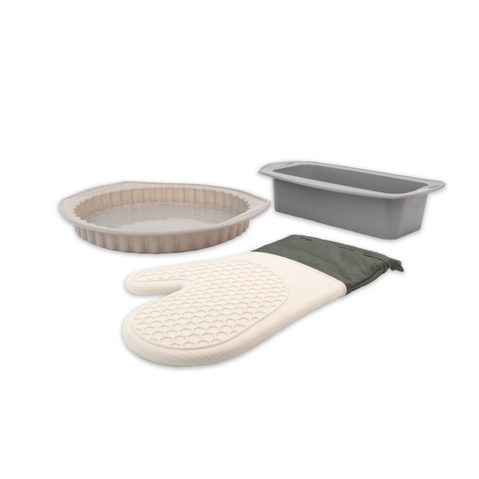 Set x3 Utensilios de Repostería | Budinera + Tartera 30 cm + Guante de Silicona y Algodón