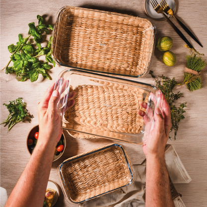 Set X3 Fuentes De Vidrio Rectangulares Con Canasta De Yute