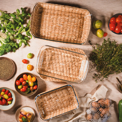 Set X3 Fuentes De Vidrio Rectangulares Con Canasta De Yute