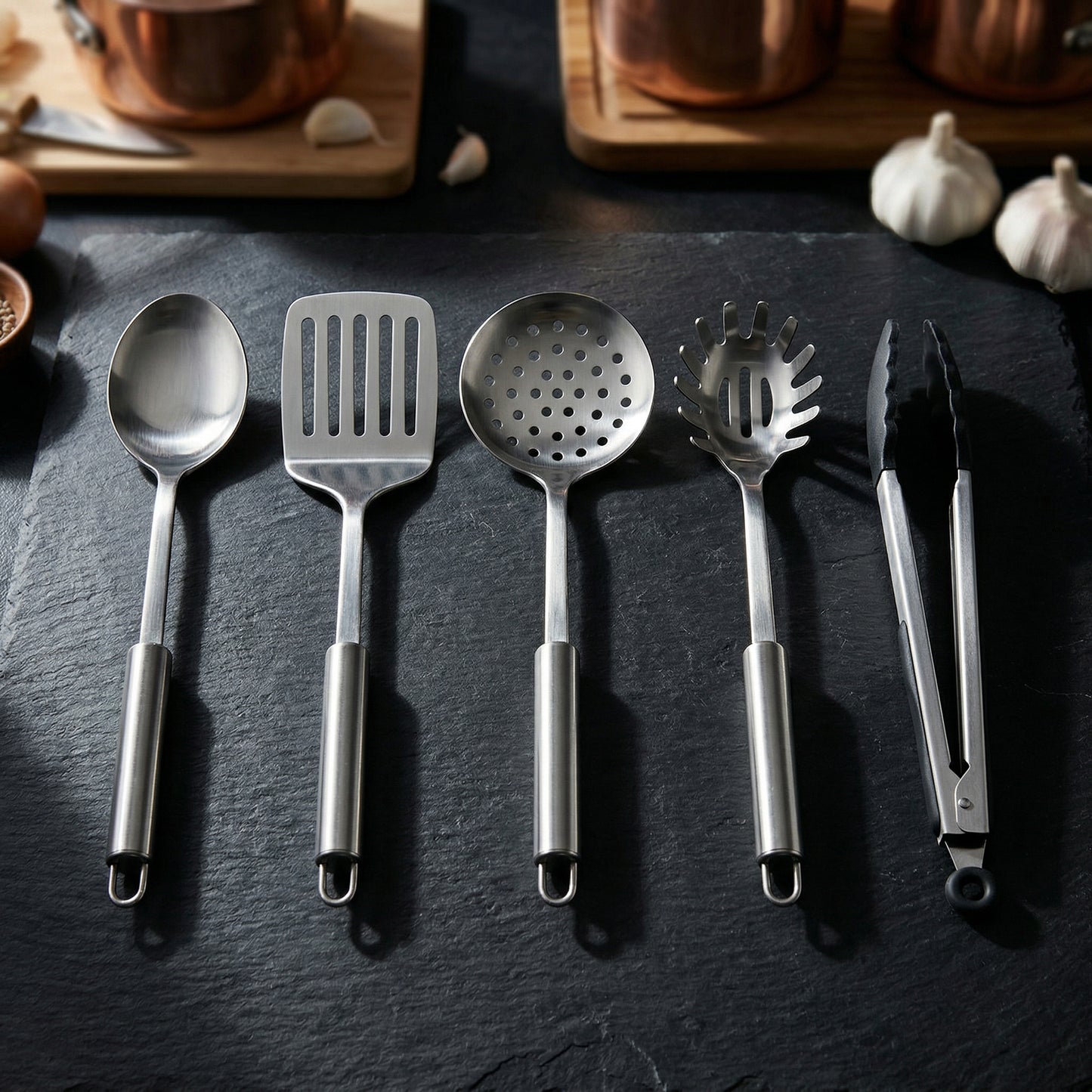 Set X5 Utensilios Cocina Acero Inox Profesional Espátula Espaguetera Pinza