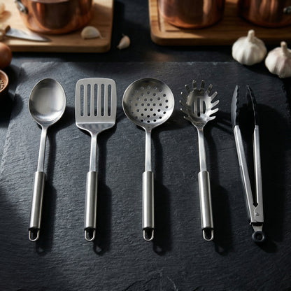 Set X5 Utensilios Cocina Acero Inox Profesional Espátula Espaguetera Pinza