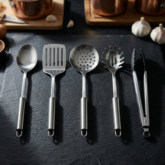 Set X5 Utensilios Cocina Acero Inox Profesional Espátula Espaguetera Pinza
