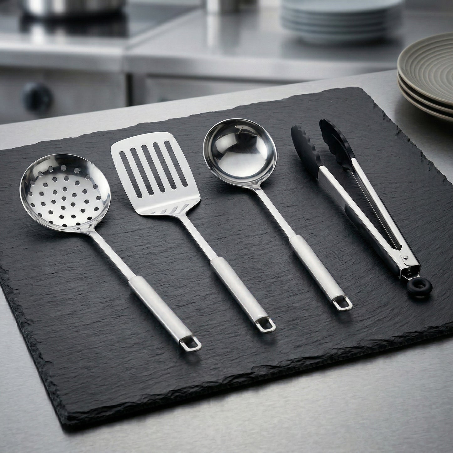 Set X4 Utensilios Cocina Acero Inox Espátula Cuchara Espumadera Pinza