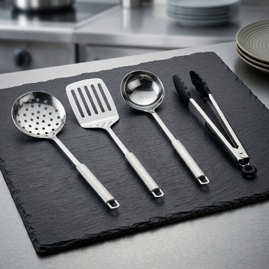 Set X4 Utensilios Cocina Acero Inox Espátula Cuchara Espumadera Pinza
