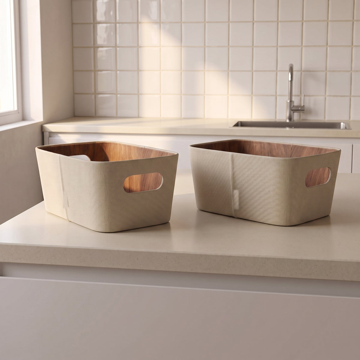 Set X2 Canastos Fibra Vegetal Crema Organizador 26 Cm