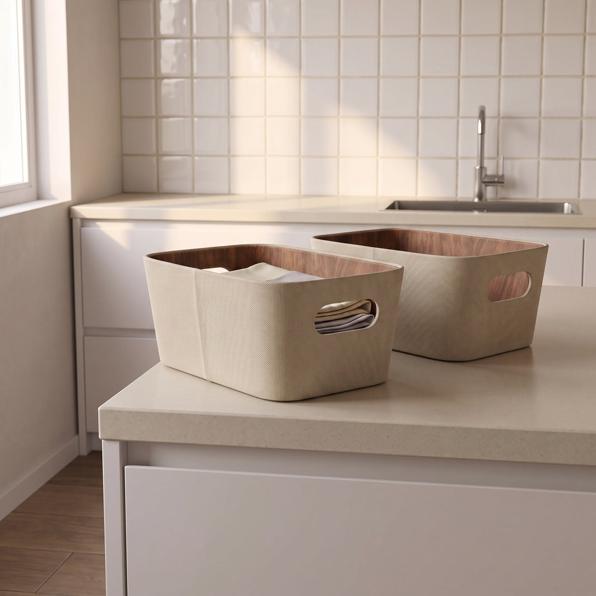 Set X2 Canastos Fibra Vegetal Crema Organizador 26 Cm