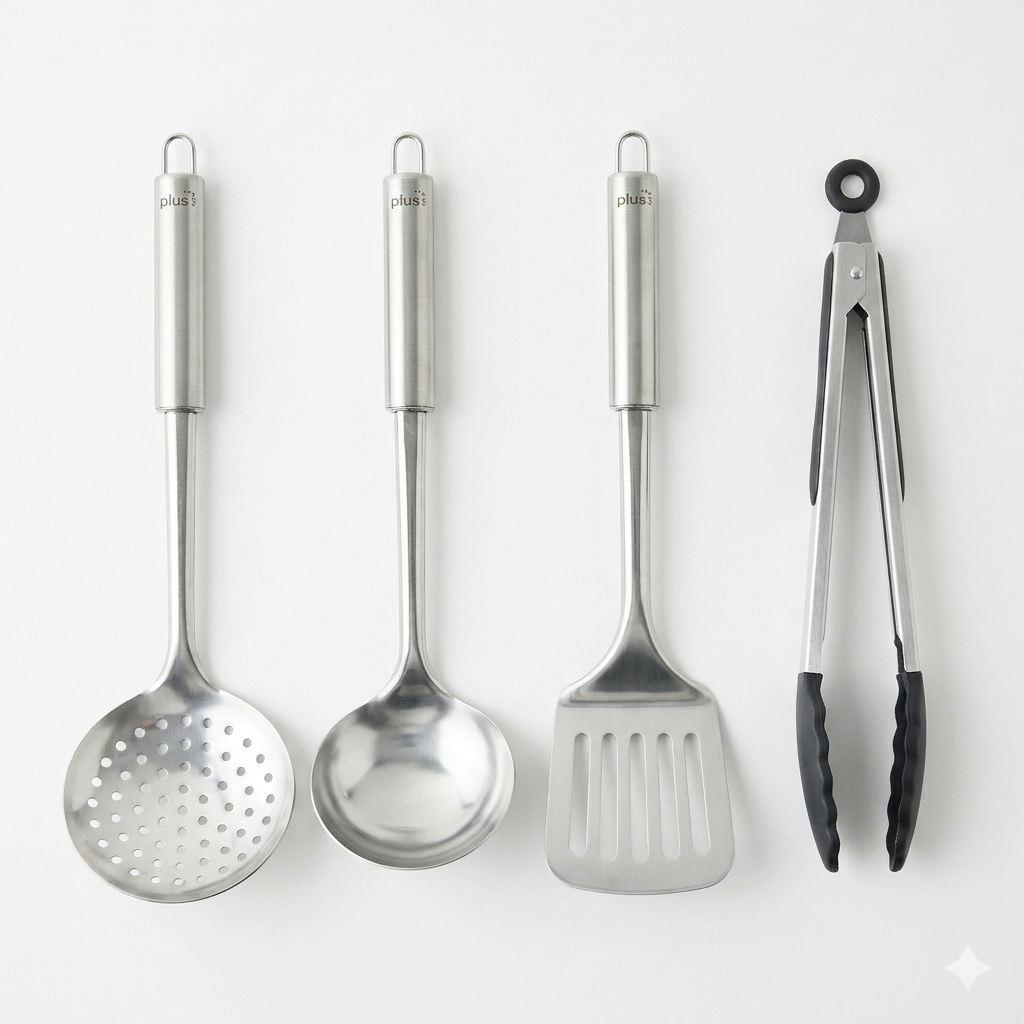 Set X4 Utensilios Cocina Acero Inox Espátula Cuchara Espumadera Pinza