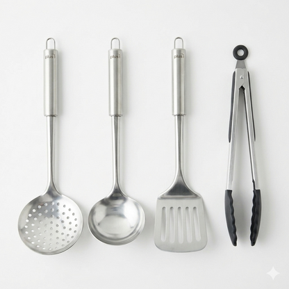 Set X4 Utensilios Cocina Acero Inox Espátula Cuchara Espumadera Pinza