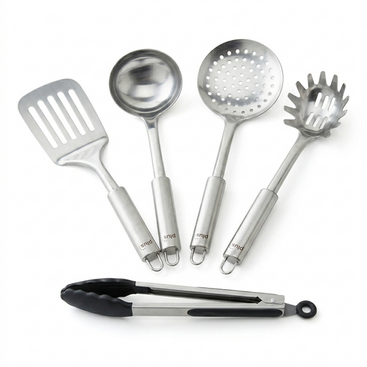 Set X5 Utensilios Cocina Acero Inox Profesional Espátula Espaguetera Pinza