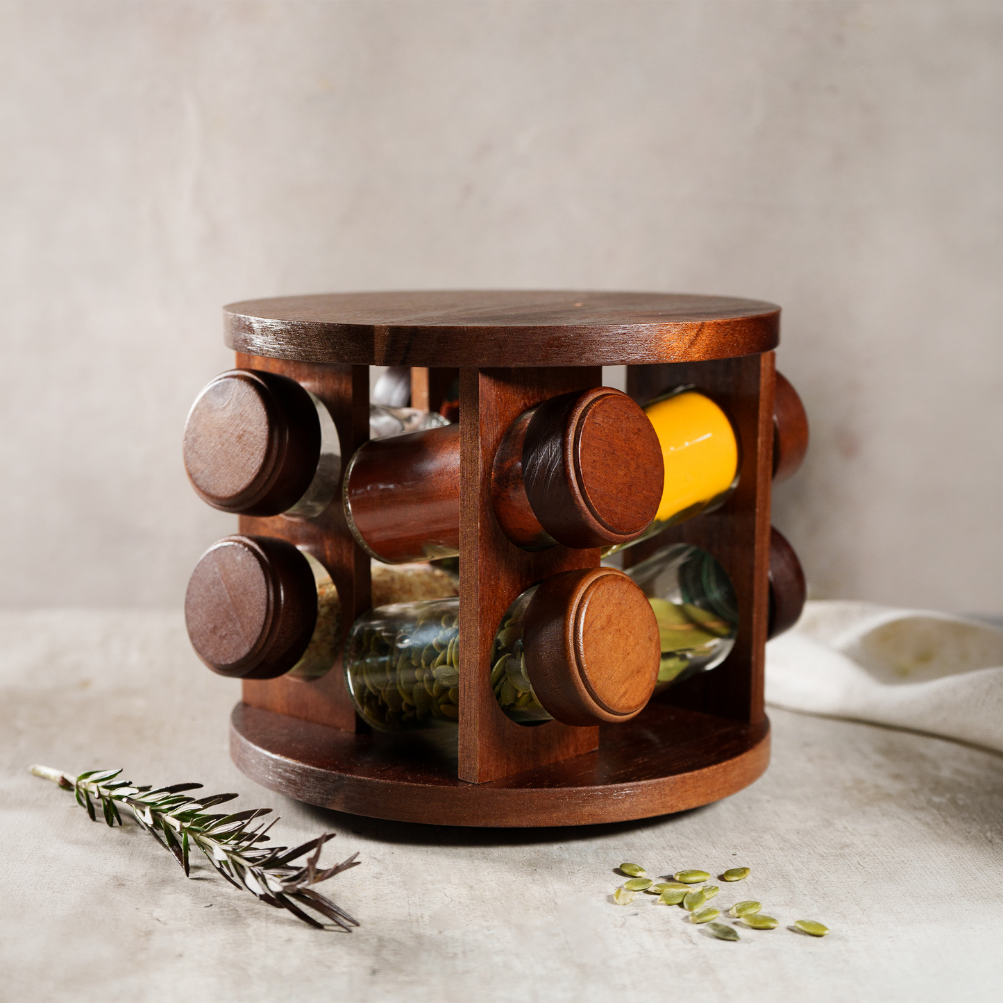 Set x 8 especieros + Soporte circular de madera giratorio
