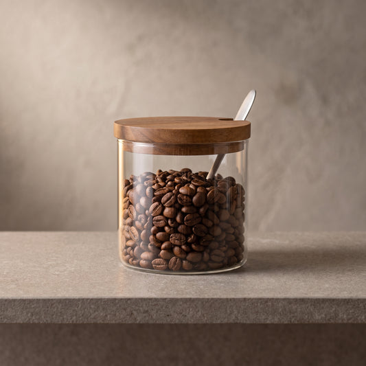 Frasco de vidrio tapa acacia c/ cuchara de acero