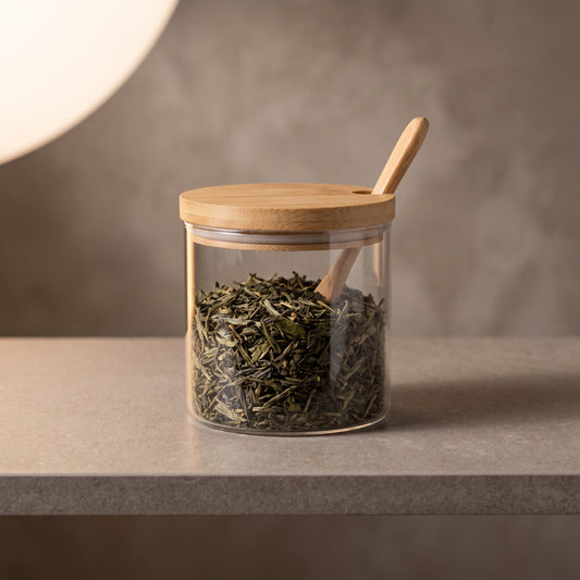 Frasco de vidrio tapa bambu c/ cuchara bambú